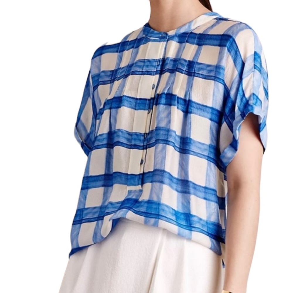 Maeve Anthropologie XS 💯 Silk Blue Checkered Semi Sheer Blouse Top O